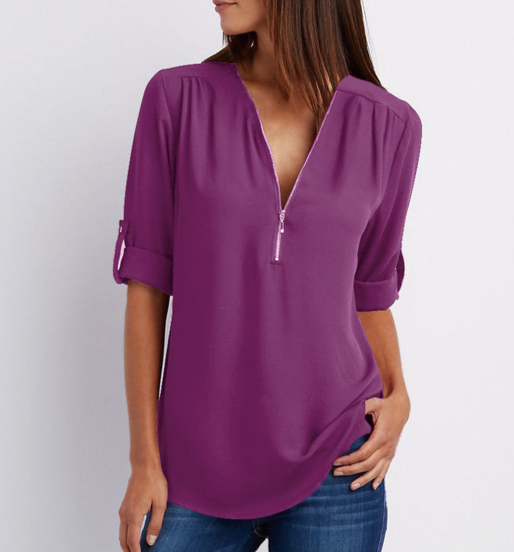 Large Size  Long Sleeve Loose V-neck Shirt - Amazhona 