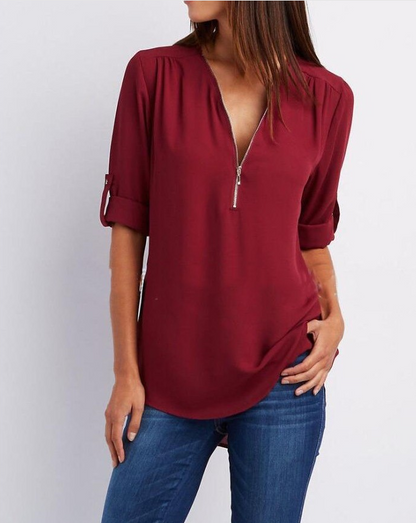 Large Size  Long Sleeve Loose V-neck Shirt - Amazhona 