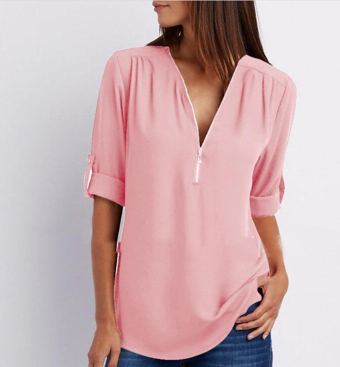 Large Size  Long Sleeve Loose V-neck Shirt - Amazhona 