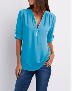 Large Size  Long Sleeve Loose V-neck Shirt - Amazhona 