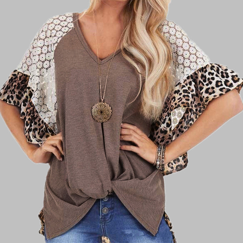 Leopard Patchwork T-shirt Women Loose V-neck Tops Tee Batwing Sleeve Top Women Summer Short Sleeve - Amazhona 