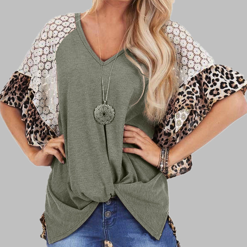 Leopard Patchwork T-shirt Women Loose V-neck Tops Tee Batwing Sleeve Top Women Summer Short Sleeve - Amazhona 