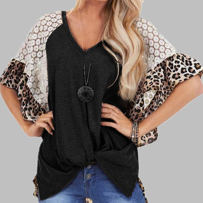 Leopard Patchwork T-shirt Women Loose V-neck Tops Tee Batwing Sleeve Top Women Summer Short Sleeve - Amazhona 