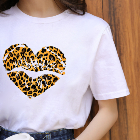 Leopard Print Love Lip Print Fashion Western Style Summer Ladies Print Short-sleeved T-shirt Top - Amazhona 