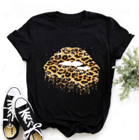 Leopard Print Love Lip Print Fashion Western Style Summer Ladies Print Short-sleeved T-shirt Top - Amazhona 