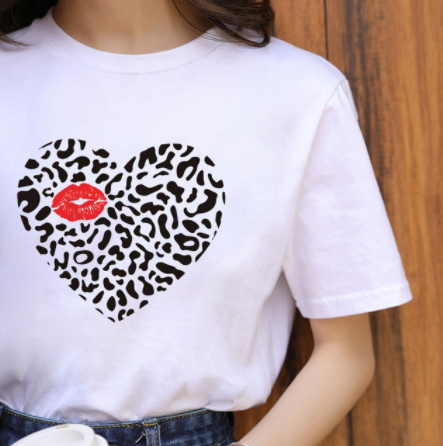 Leopard Print Love Lip Print Fashion Western Style Summer Ladies Print Short-sleeved T-shirt Top - Amazhona 