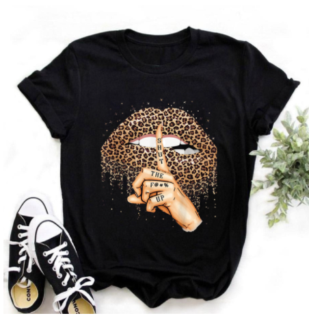 Leopard Print Love Lip Print Fashion Western Style Summer Ladies Print Short-sleeved T-shirt Top - Amazhona 