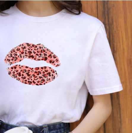 Leopard Print Love Lip Print Fashion Western Style Summer Ladies Print Short-sleeved T-shirt Top - Amazhona 