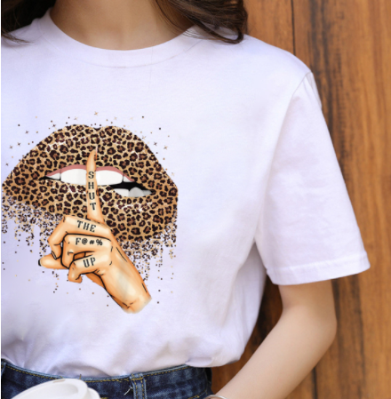 Leopard Print Love Lip Print Fashion Western Style Summer Ladies Print Short-sleeved T-shirt Top - Amazhona 