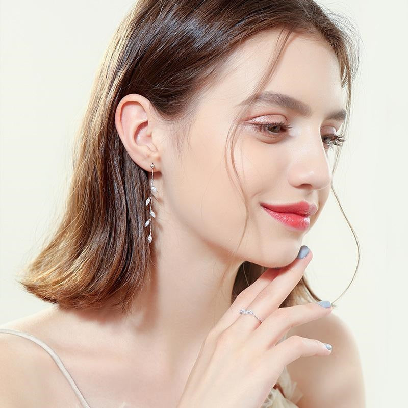 Long Silver Plated Crystal Leaf Tassel Drop Earrings For Women Wedding Fashion 2020 Jewelry Gift - Amazhona 