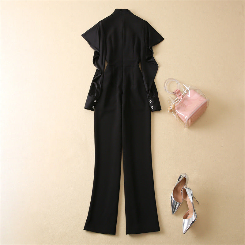 Long Sleeve Waist Black Temperament Commuter Jumpsuit - Amazhona 