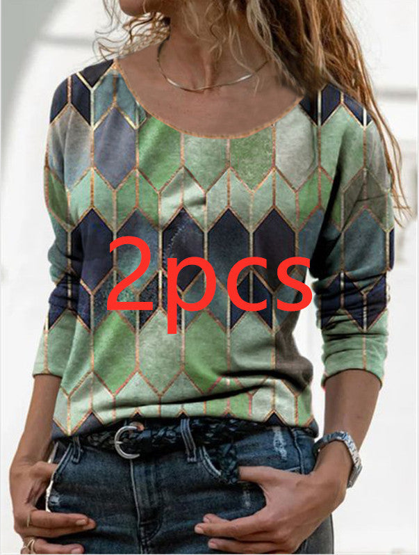 Long sleeve retro geometric print casual top T-shirt - Amazhona 