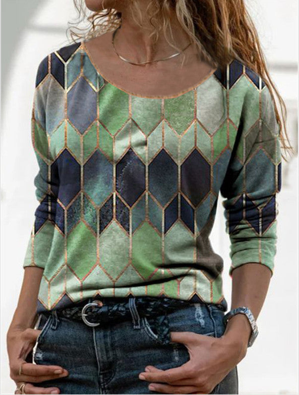 Long sleeve retro geometric print casual top T-shirt - Amazhona 