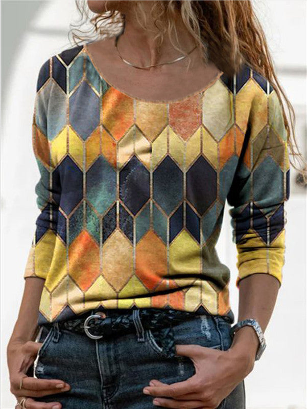 Long sleeve retro geometric print casual top T-shirt - Amazhona 