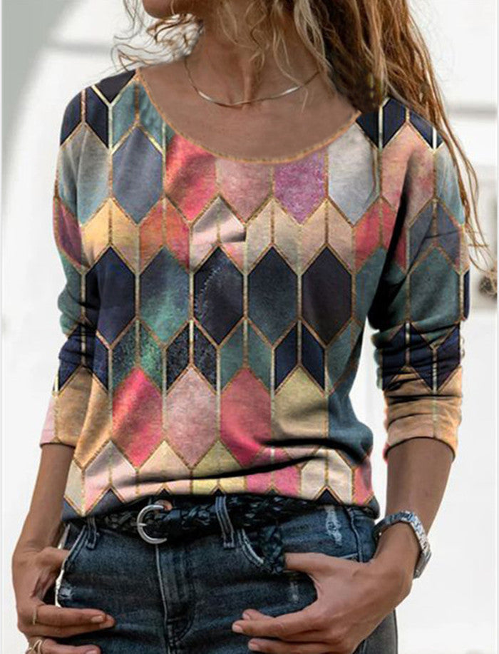 Long sleeve retro geometric print casual top T-shirt - Amazhona 