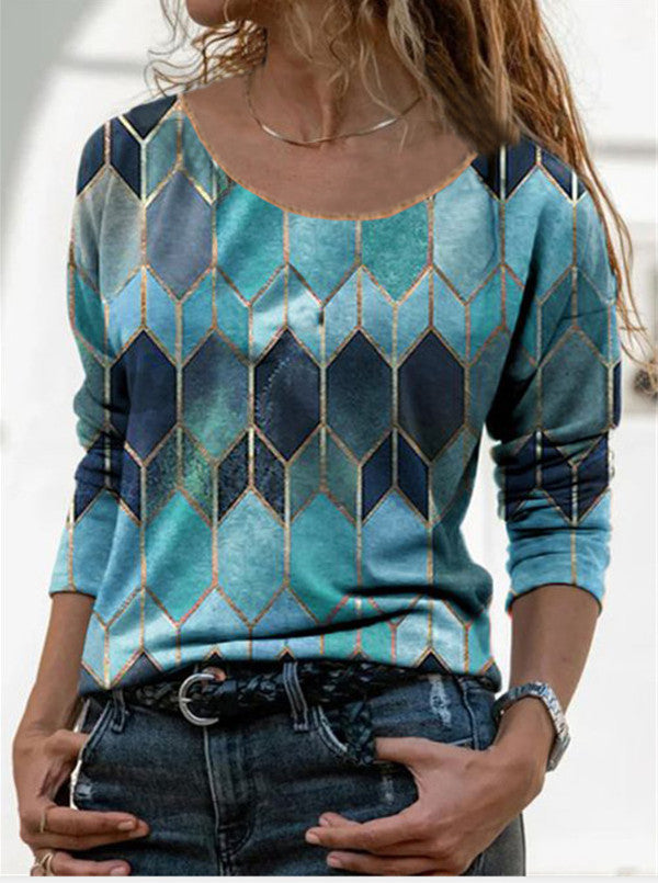 Long sleeve retro geometric print casual top T-shirt - Amazhona 