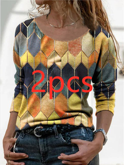 Long sleeve retro geometric print casual top T-shirt - Amazhona 