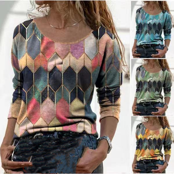 Long sleeve retro geometric print casual top T-shirt - Amazhona 