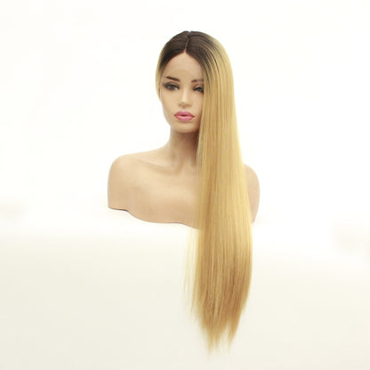 Long straight hair synthetic front lace wig headgear - Amazhona 