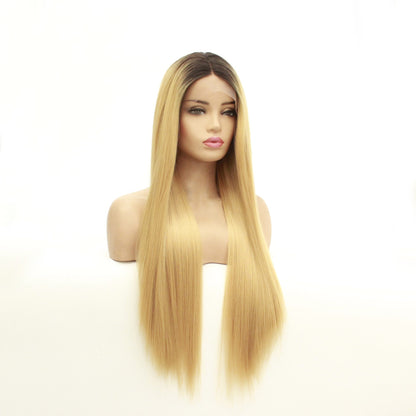 Long straight hair synthetic front lace wig headgear - Amazhona 