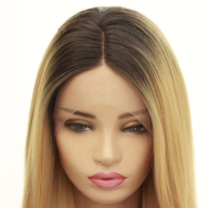 Long straight hair synthetic front lace wig headgear - Amazhona 