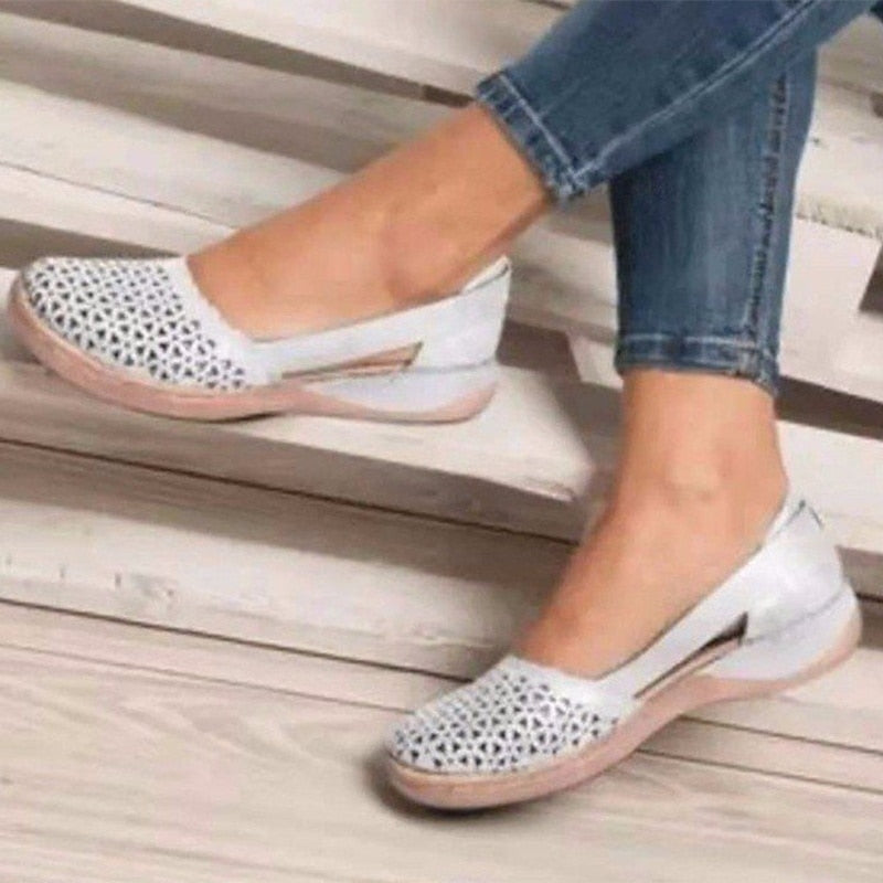 Lucyever Retro Pu Leather Hollow Out Flats Women Spring Summer Thick Sole Wedges Shoes Woman Comfy Slip on Casual Shoes Size 44 - Amazhona 