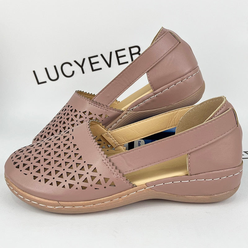 Lucyever Retro Pu Leather Hollow Out Flats Women Spring Summer Thick Sole Wedges Shoes Woman Comfy Slip on Casual Shoes Size 44 - Amazhona 