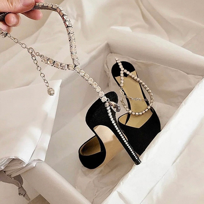 Luxury Rhinestones Chains Women Pumps Designer Sandals High Heels Summer Ankle Strap Party Shoes Star Style Wedding Prom Shoes - Amazhona 