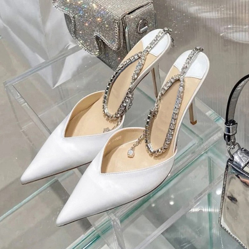 Luxury Rhinestones Chains Women Pumps Designer Sandals High Heels Summer Ankle Strap Party Shoes Star Style Wedding Prom Shoes - Amazhona 