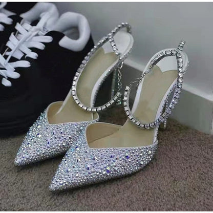 Luxury Rhinestones Chains Women Pumps Designer Sandals High Heels Summer Ankle Strap Party Shoes Star Style Wedding Prom Shoes - Amazhona 