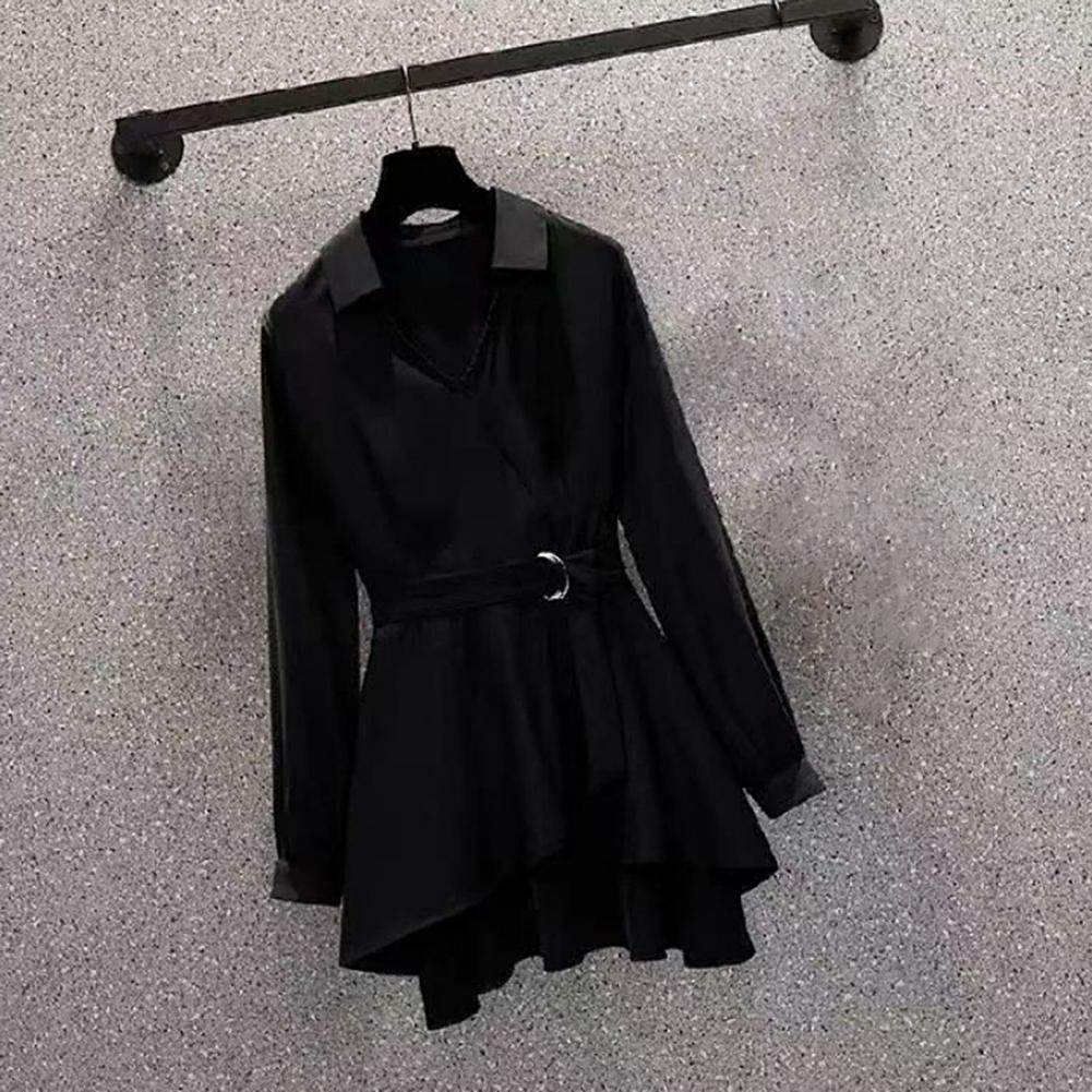 M-4XL Women's Shirt Lapel V Neck Long Sleeves Irregular Hem Plus Size Waist Tight Adjustable Belt Pullover Shirt Female Clothing - Amazhona 