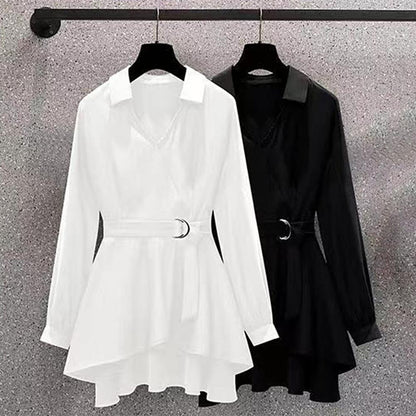 M-4XL Women's Shirt Lapel V Neck Long Sleeves Irregular Hem Plus Size Waist Tight Adjustable Belt Pullover Shirt Female Clothing - Amazhona 