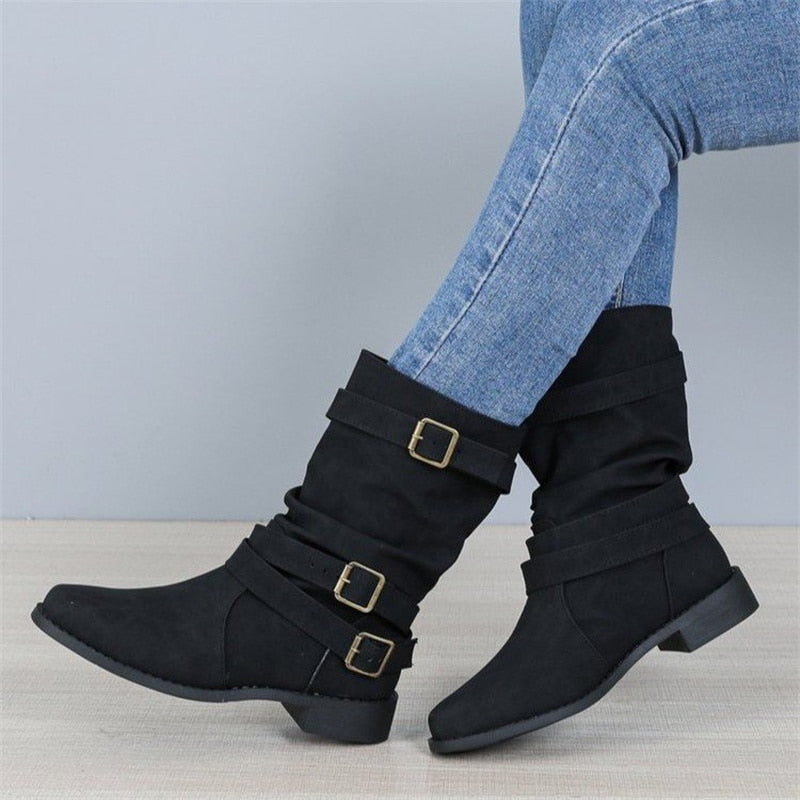 Medium boots Women simple short boots in autumn winter 2022 Large female boots Round head fashionable snow boots - Amazhona 