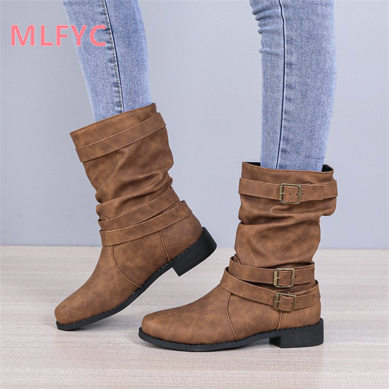 Medium boots Women simple short boots in autumn winter 2022 Large female boots Round head fashionable snow boots - Amazhona 