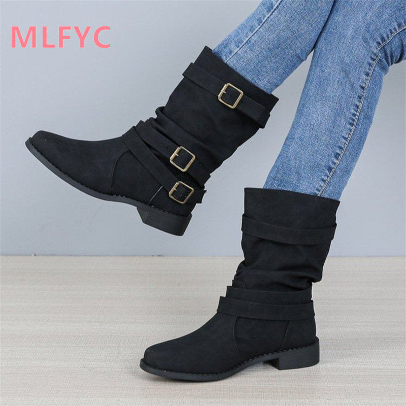 Medium boots Women simple short boots in autumn winter 2022 Large female boots Round head fashionable snow boots - Amazhona 