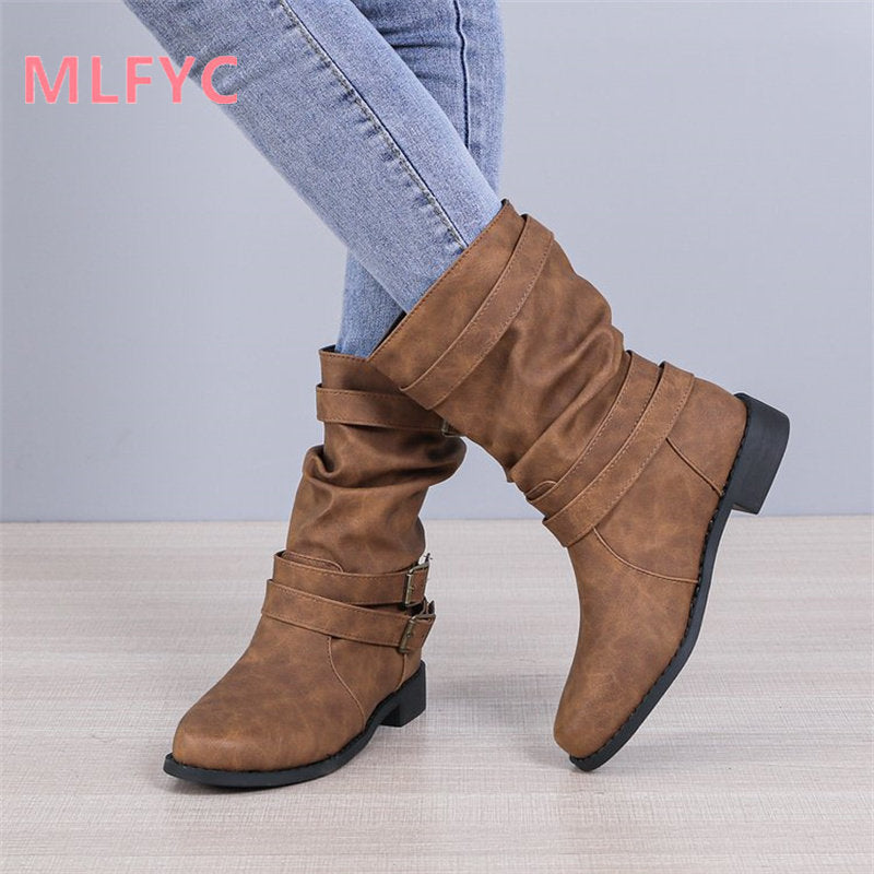 Medium boots Women simple short boots in autumn winter 2022 Large female boots Round head fashionable snow boots - Amazhona 