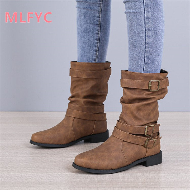 Medium boots Women simple short boots in autumn winter 2022 Large female boots Round head fashionable snow boots - Amazhona 