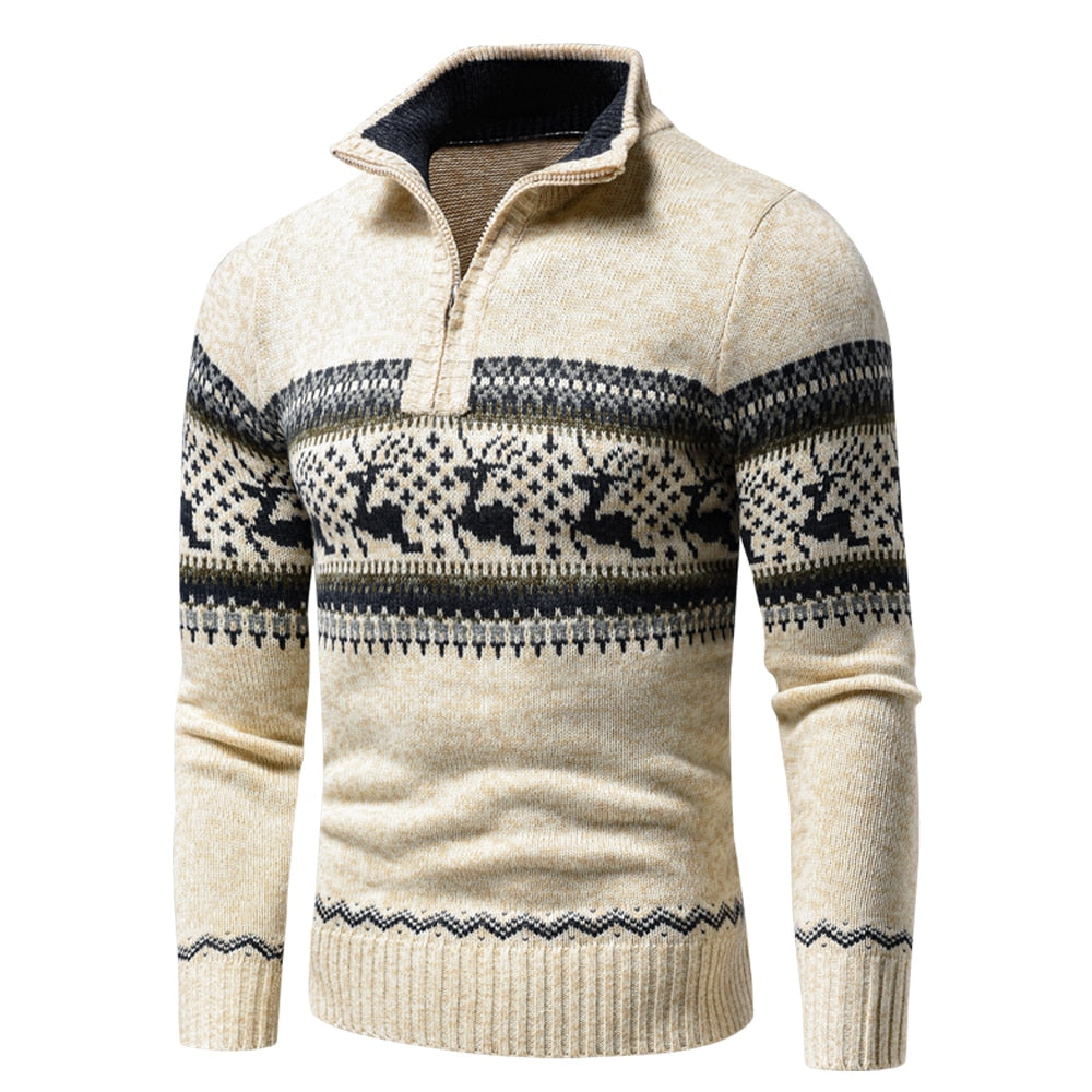 Men Autumn New Casual Jacquard Christmas Pattern Zip Sweater Cardigan Jacket Men Winter Long Sleeve Mock Neck Sweater Pullover - Amazhona 