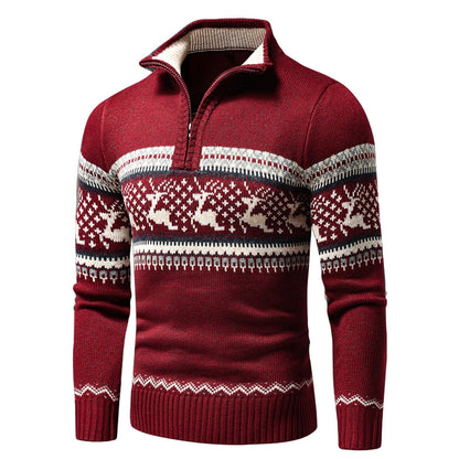 Men Autumn New Casual Jacquard Christmas Pattern Zip Sweater Cardigan Jacket Men Winter Long Sleeve Mock Neck Sweater Pullover - Amazhona 