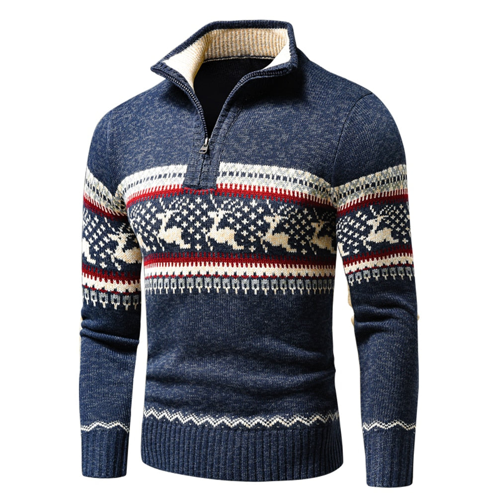 Men Autumn New Casual Jacquard Christmas Pattern Zip Sweater Cardigan Jacket Men Winter Long Sleeve Mock Neck Sweater Pullover - Amazhona 