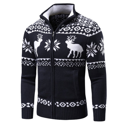 Men Autumn New Casual Jacquard Christmas Pattern Zip Sweater Cardigan Jacket Men Winter Long Sleeve Mock Neck Sweater Pullover - Amazhona 