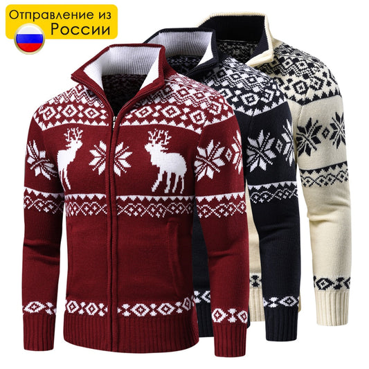 Men Autumn New Casual Jacquard Christmas Pattern Zip Sweater Cardigan Jacket Men Winter Long Sleeve Mock Neck Sweater Pullover - Amazhona 