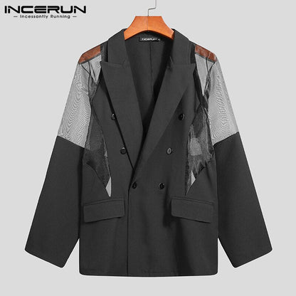 Men Blazer Mesh Patchwork See Through Streetwear Double Breasted Lapel Long Sleeve Outerwear Fashion Men Casual Suits INCERUN - Amazhona 