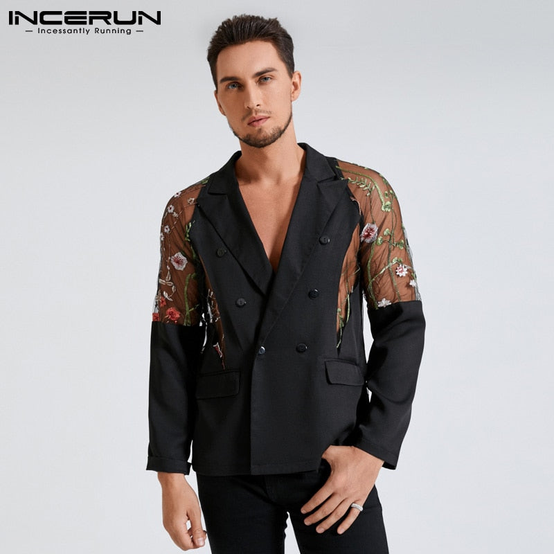 Men Blazer Mesh Patchwork See Through Streetwear Double Breasted Lapel Long Sleeve Outerwear Fashion Men Casual Suits INCERUN - Amazhona 