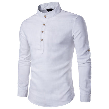 Men casual Shirt Cotton Linen Blended Mandarin Collar Breathable Comfy Traditional Chinese Style long sleeve shirts EU size - Amazhona 