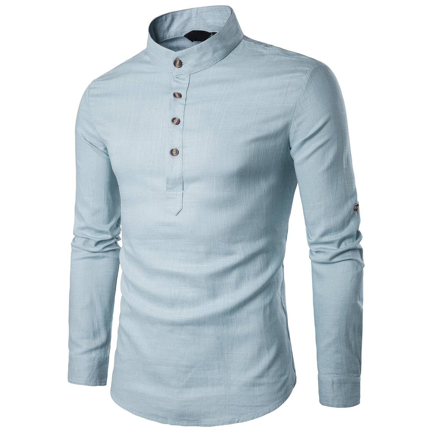 Men casual Shirt Cotton Linen Blended Mandarin Collar Breathable Comfy Traditional Chinese Style long sleeve shirts EU size - Amazhona 