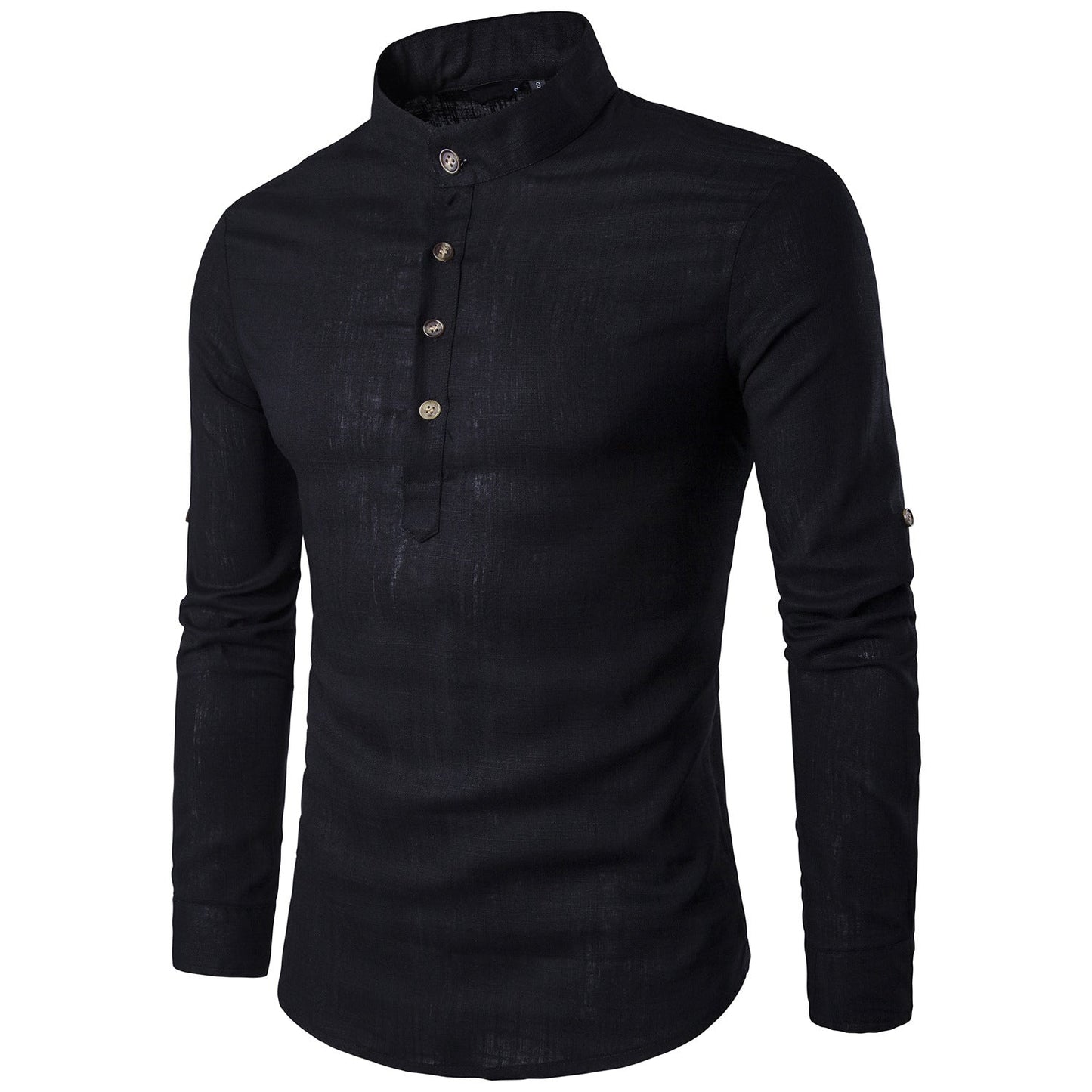 Men casual Shirt Cotton Linen Blended Mandarin Collar Breathable Comfy Traditional Chinese Style long sleeve shirts EU size - Amazhona 