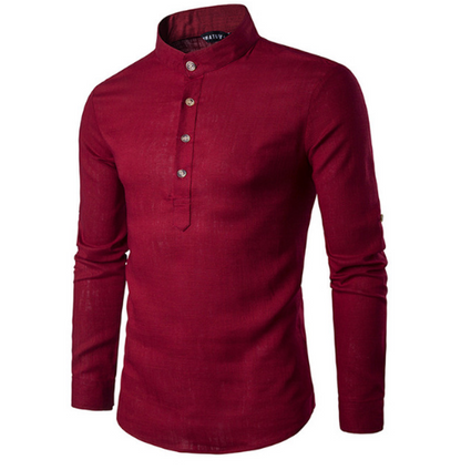 Men casual Shirt Cotton Linen Blended Mandarin Collar Breathable Comfy Traditional Chinese Style long sleeve shirts EU size - Amazhona 