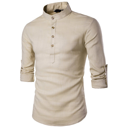 Men casual Shirt Cotton Linen Blended Mandarin Collar Breathable Comfy Traditional Chinese Style long sleeve shirts EU size - Amazhona 