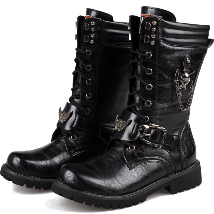 Men's Leather Motorcycle Boots Mid-calf Military Combat Boots Gothic Belt Punk Boots Men Shoes Tactical Army Boot - Amazhona 